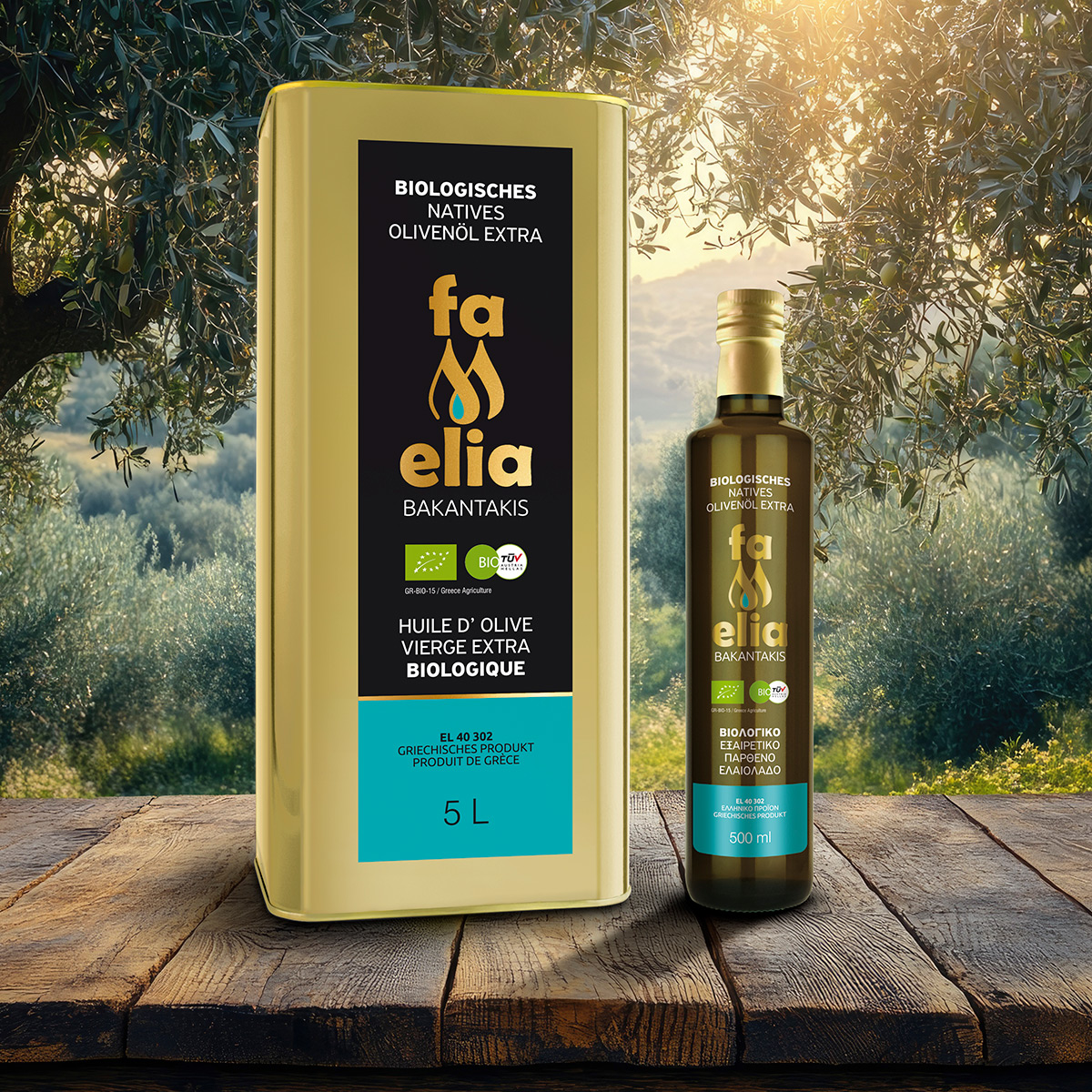 FAMELIA OLIVE - BAKANTAKIS - Extra Virgin Olive Oil - Mockup-5L-&-500ml-ΒΙΟ